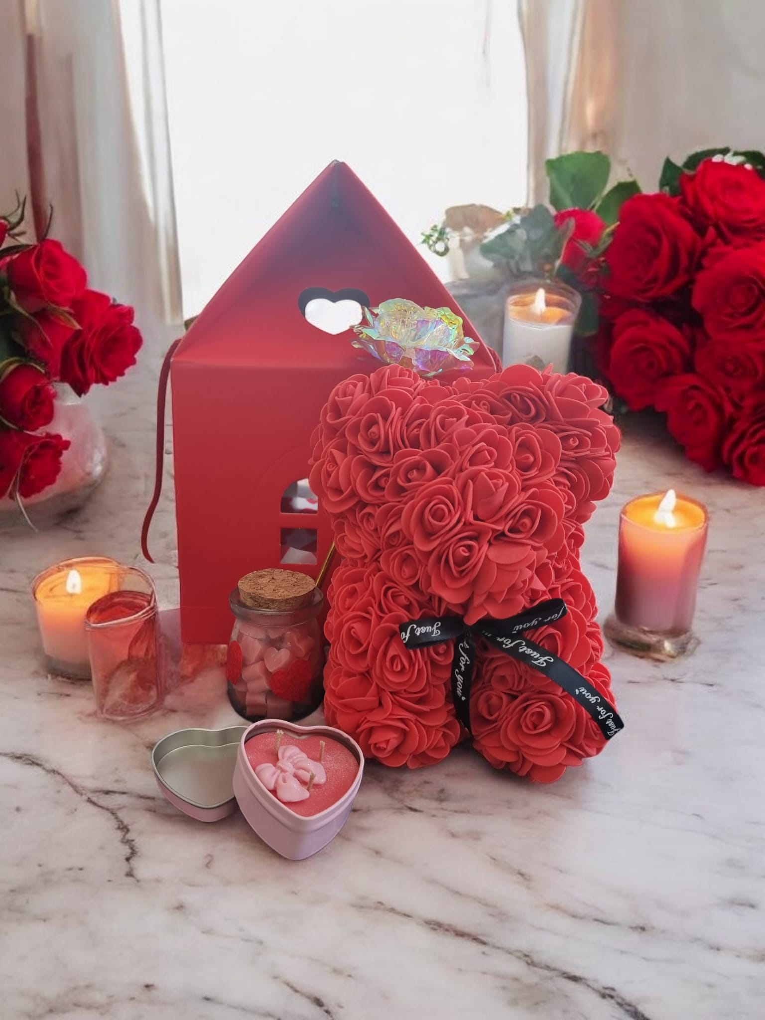 Valentine’s Day Gift Box Hamper – Rose Bear, Heart Candle & Valentine’s Wax Melts Set - Auras Workshop Auras Workshop