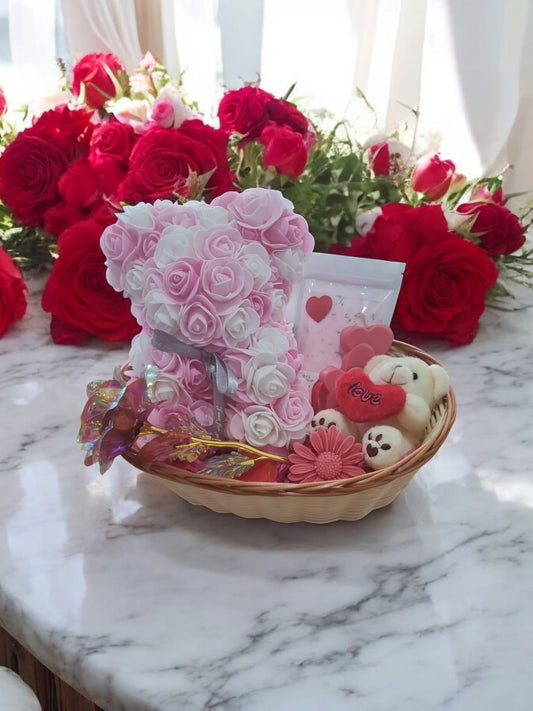 Valentine’s Day Gift Hamper – Rose Teddy Bear, Bath Salts, Candle & Gold Artificial Rose - Auras Workshop Auras Workshop