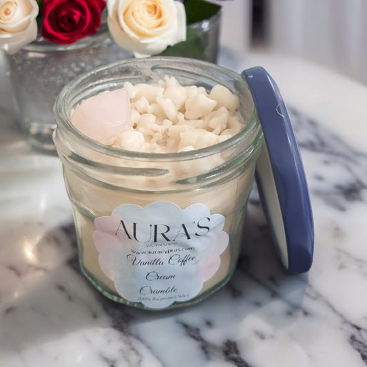 Vanilla Cream Crumble Candle in Jar with Rose Quartz Crystal - Auras Workshop Auras Workshop