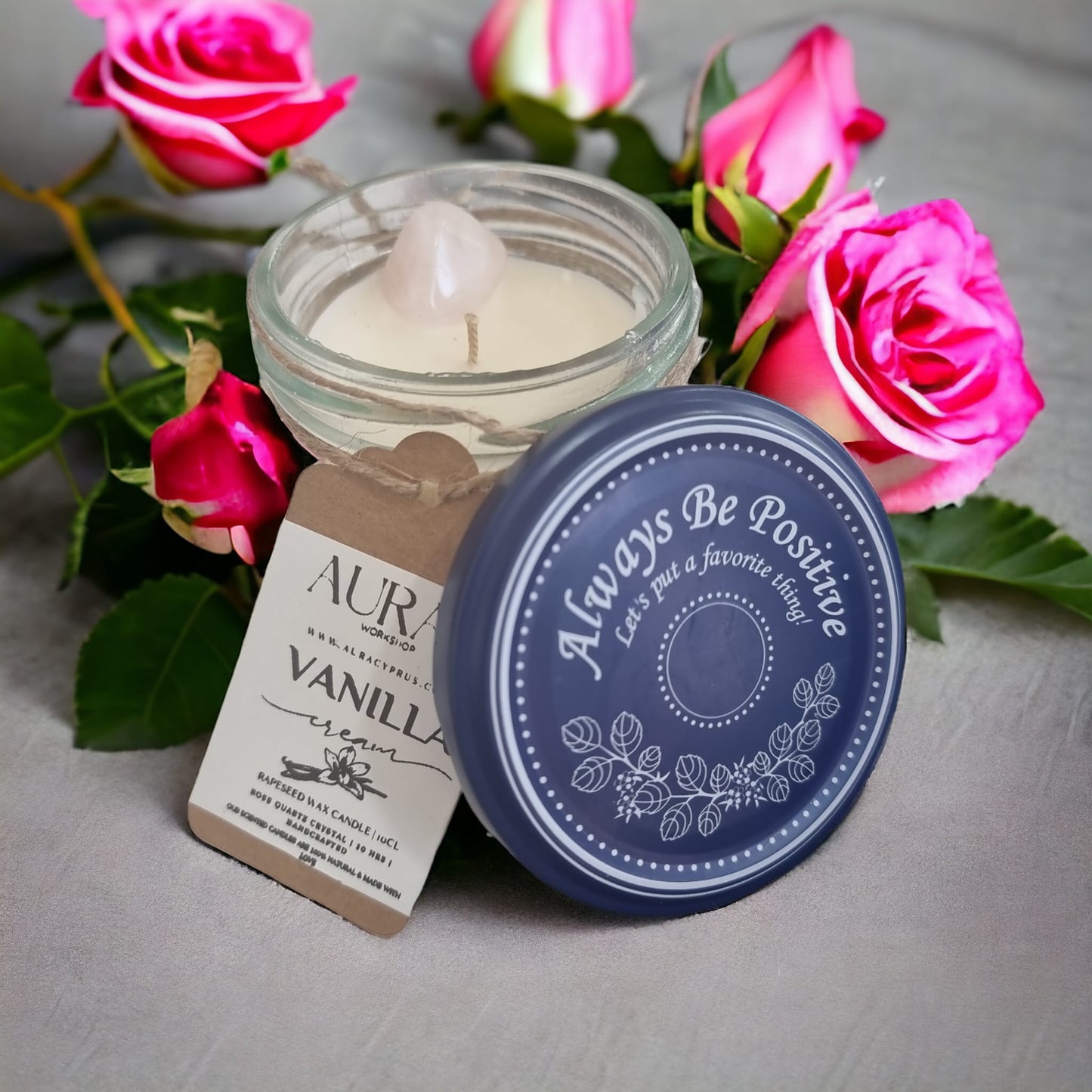 Vanilla Cream Scented Candle in Jar with Rose Quartz Crystal - Auras Workshop Auras Workshop