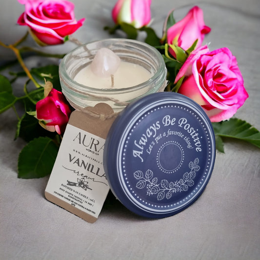 Vanilla Cream Scented Candle in Jar with Rose Quartz Crystal - Auras Workshop Auras Workshop