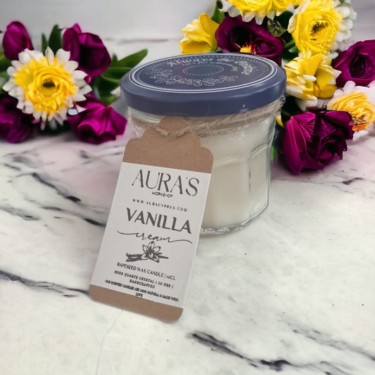 Vanilla Cream Scented Candle in Jar with Rose Quartz Crystal - Auras Workshop Auras Workshop