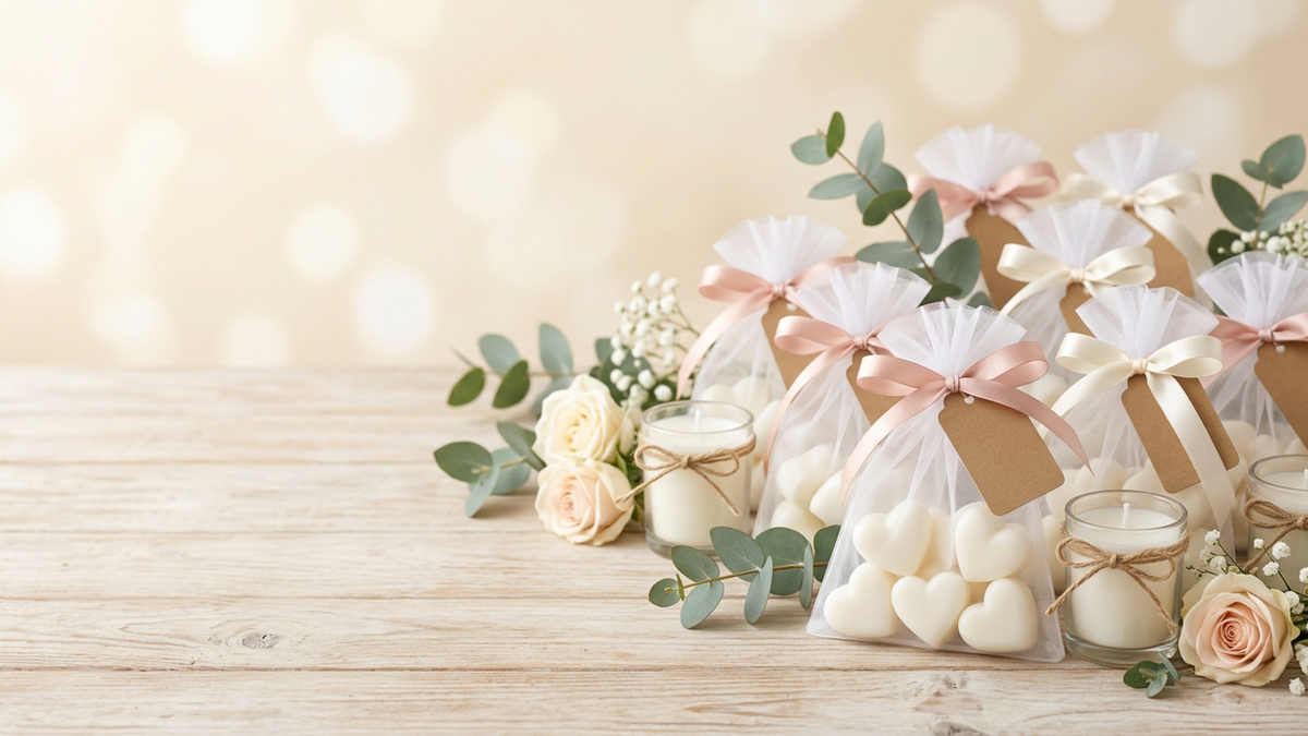 Wedding favours Cyprus — handmade tulle favour bags with heart soaps, candles and roses
