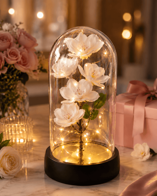 White Orchid LED Flower Gift in Glass Dome – Elegant Light-Up Floral Display - Auras Workshop Auras Workshop