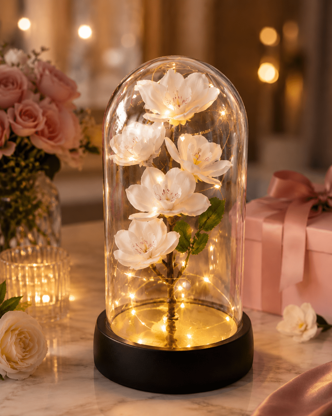 White Orchid LED Flower Gift in Glass Dome – Elegant Light-Up Floral Display - Auras Workshop Auras Workshop