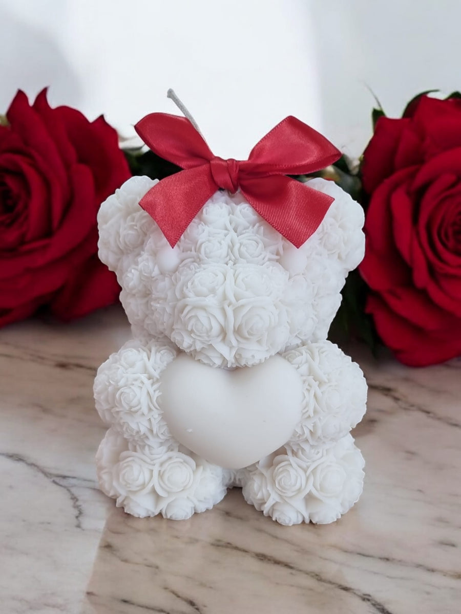 White Rose Teddy Bear Large Candle – Vanilla Coconut Scented