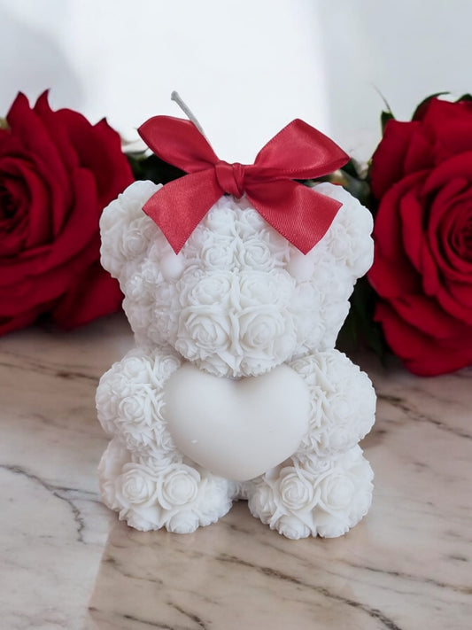 White Rose Teddy Bear Large Candle – Vanilla Coconut Scented | Romantic Gift - Auras Workshop Auras Workshop