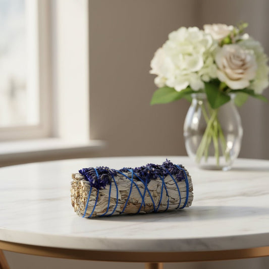 White Sage with Blue Sinuata Flowers – Cleansing 10cm Smudge Stick - Auras Workshop Auras Workshop