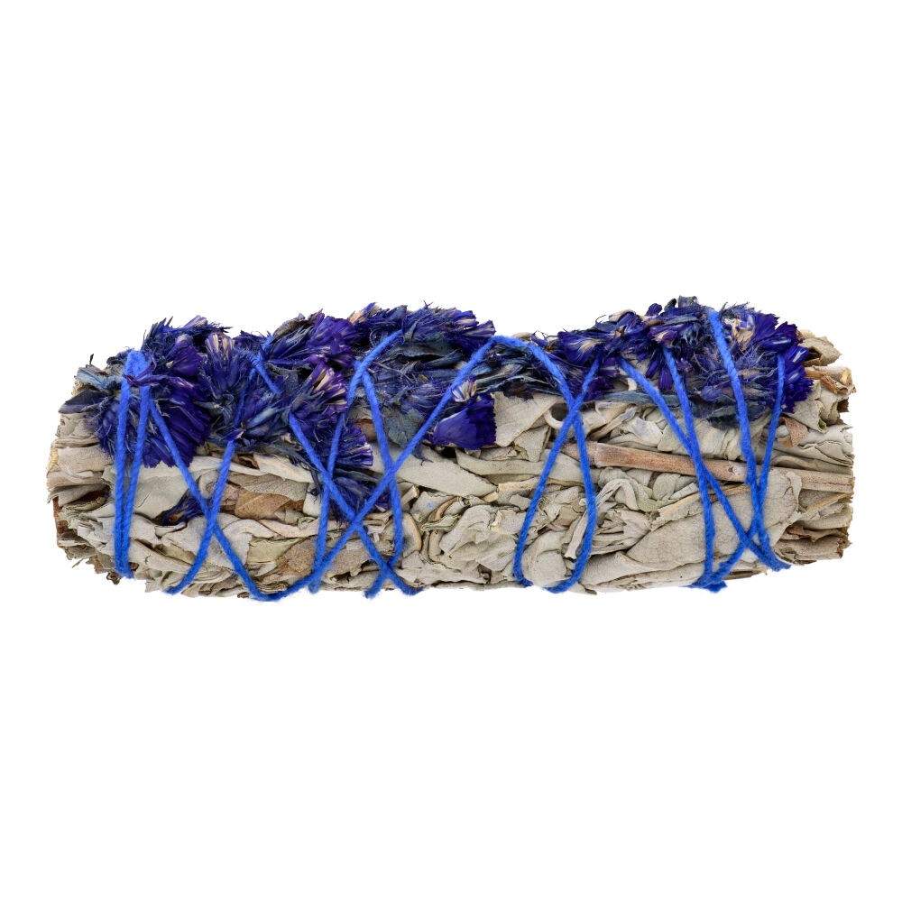White Sage with Blue Sinuata Flowers – Cleansing 10cm Smudge Stick - Auras Workshop Auras Workshop