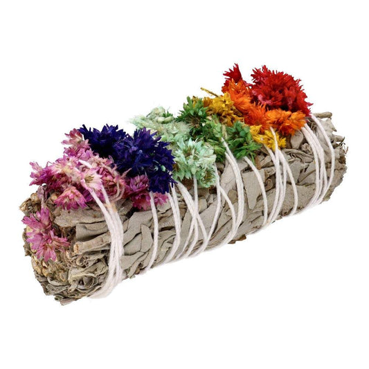 White Sage with Chakra Verbasco Flowers Smudge – Cleansing 10cm Smudge Stick - Auras Workshop Auras Workshop