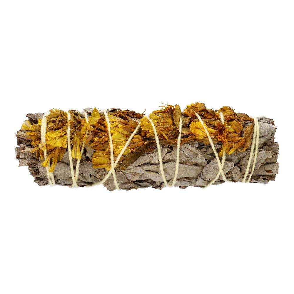 White Sage with Yellow Sinuata Flowers – Cleansing 10cm Smudge Stick - Auras Workshop Auras Workshop