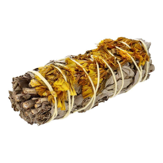 White Sage with Yellow Sinuata Flowers – Cleansing 10cm Smudge Stick - Auras Workshop Auras Workshop