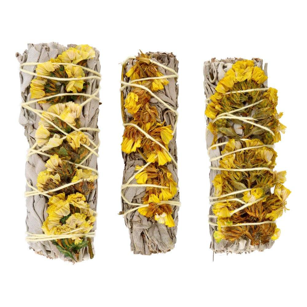 White Sage with Yellow Sinuata Flowers – Cleansing 10cm Smudge Stick - Auras Workshop Auras Workshop