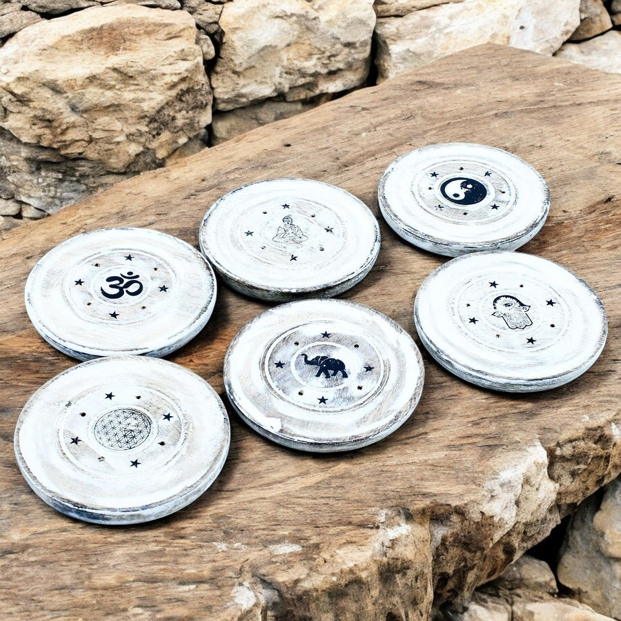 White Washed Incense Holder - Cone and Incense Disc