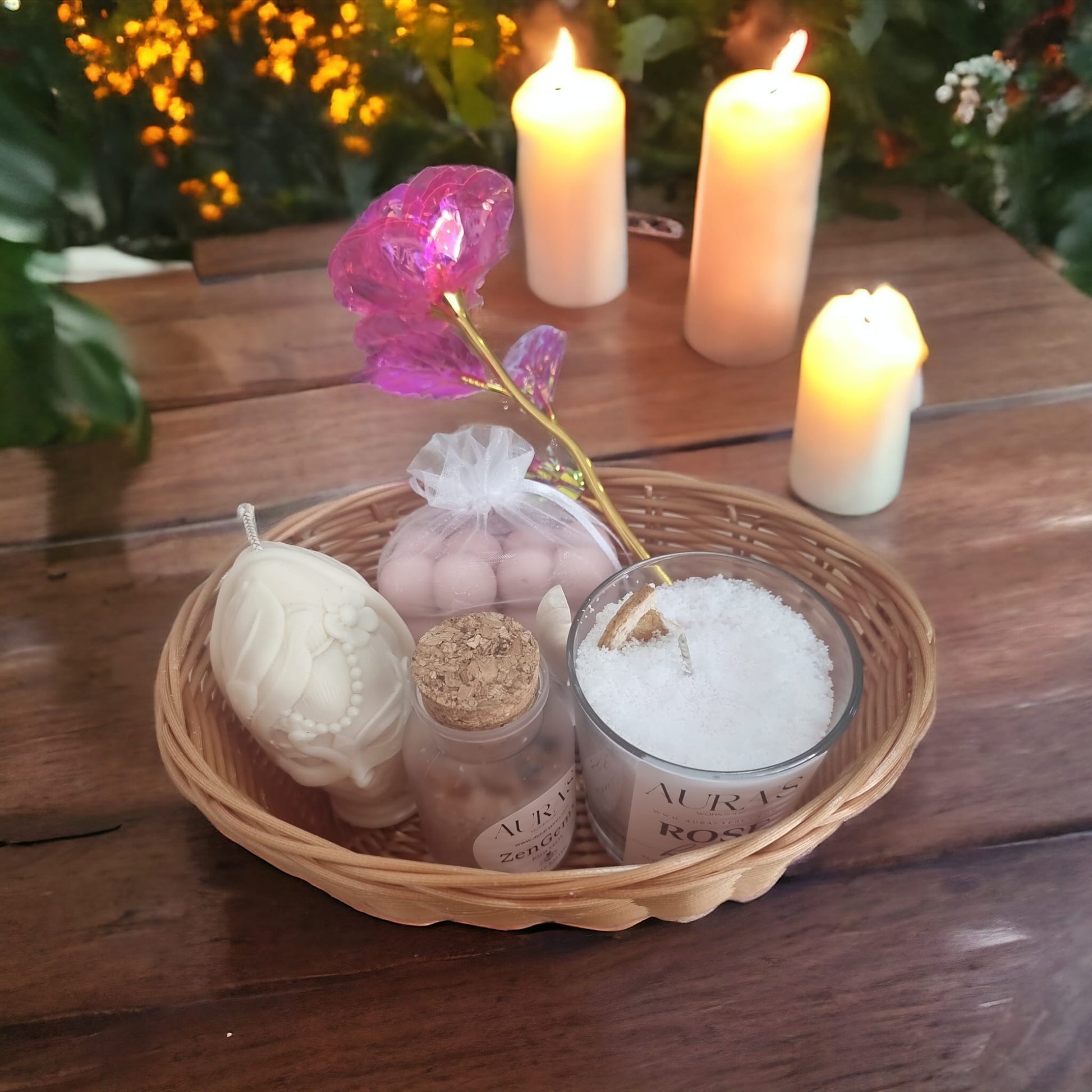 Womens Day Gift Basket - Rose Eco Snow Candle, Strawberry Rum Wax Melts, Bath Salts Zen Gems, Vintage Women Face Candle Sculpture, PVC Rose Flower - Auras Workshop Auras Workshop