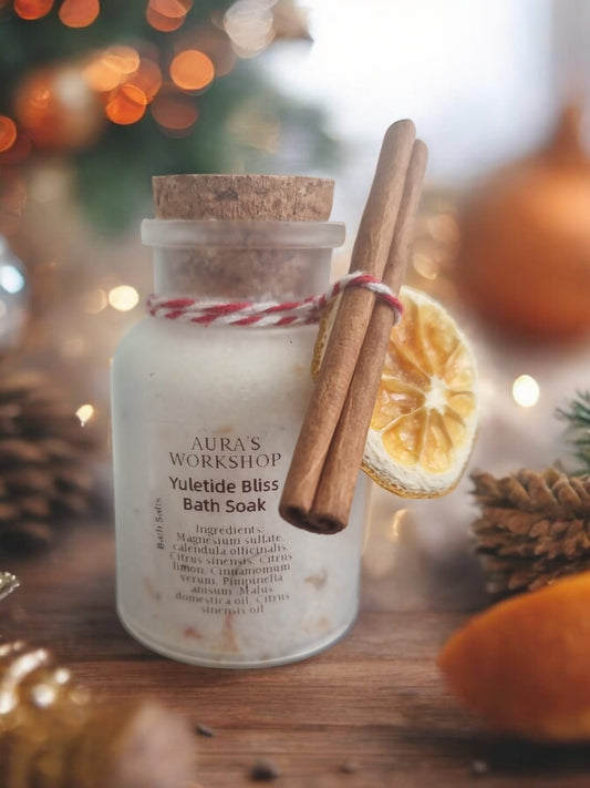 Yuletide Bliss Bath Soak - Bath Salts Bottle & Wooden Spoon 100 grams - Auras Workshop Auras Workshop