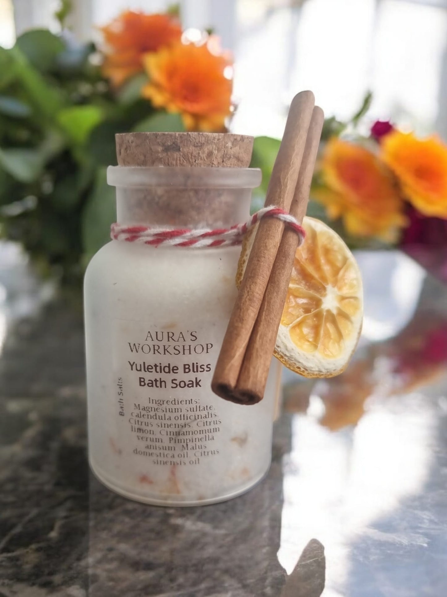 Yuletide Bliss Bath Soak - Bath Salts Bottle & Wooden Spoon 100 grams - Auras Workshop Auras Workshop