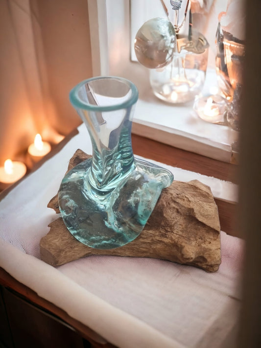 Molten Glass Vase with Natural Wood Base - Auras Workshop  -  Home Decor -   - Cyprus & Greece